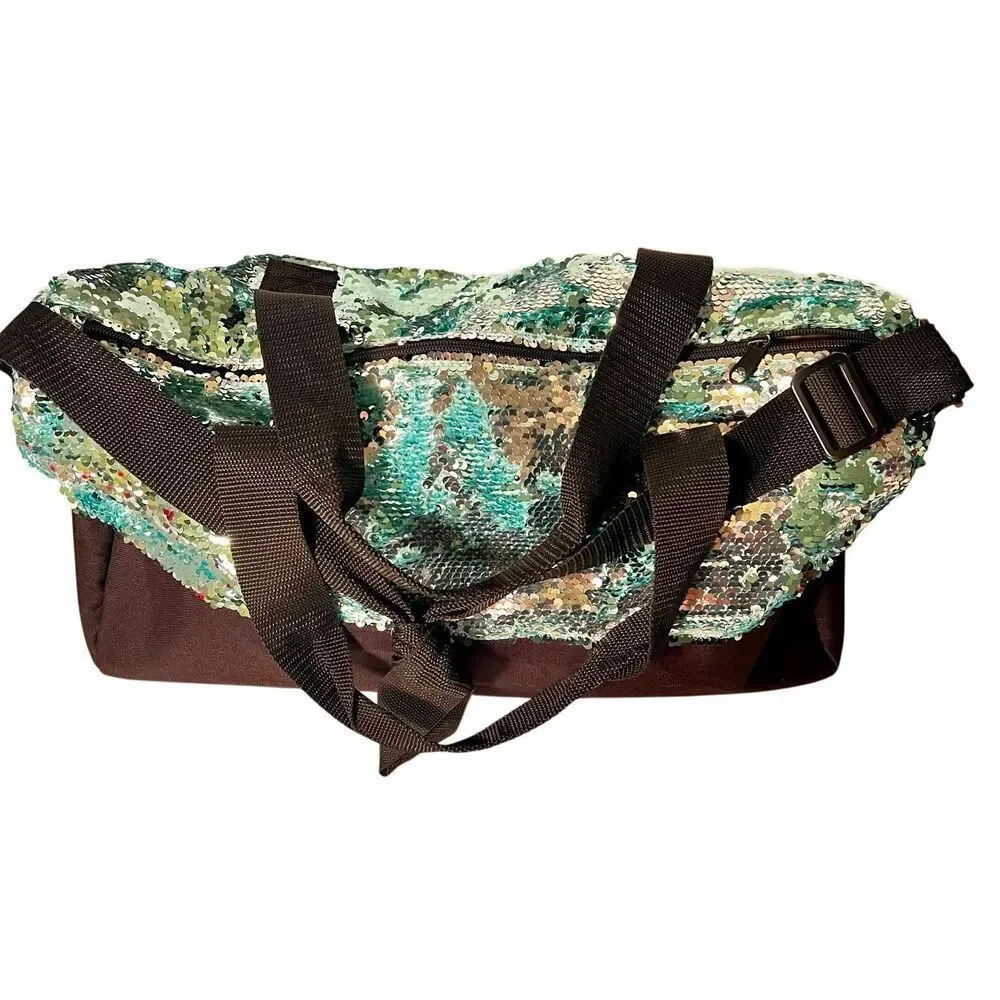 Justice Sequin Shimmer Girls Dance Duffel Bag Shoulder Strap Silver Aqua Black